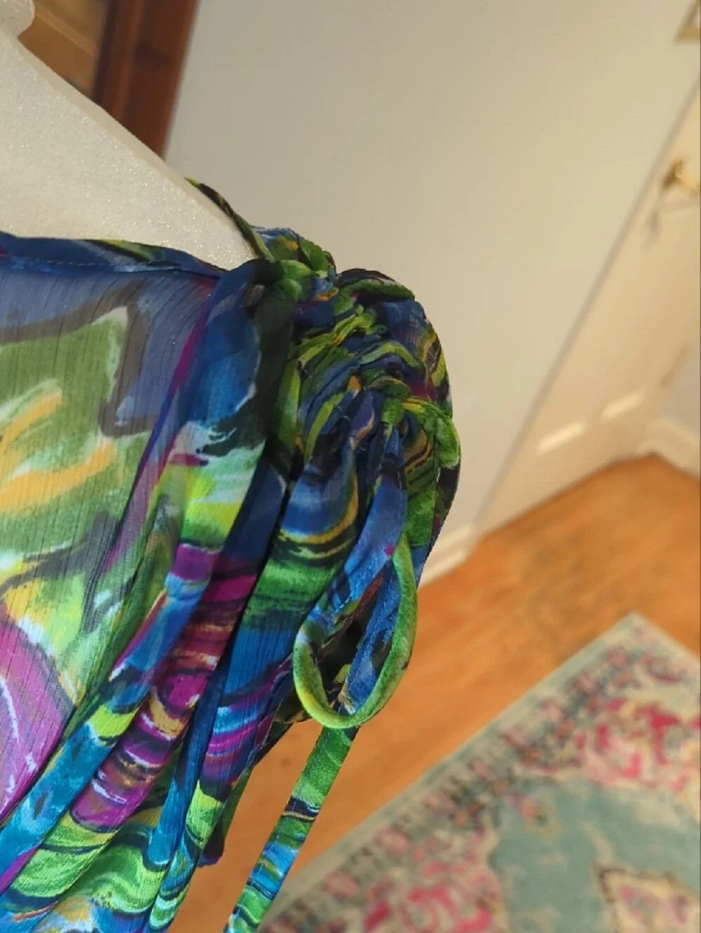 Sheer Floral V-Neck Swim Coverup in Blue & Green